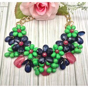 Talbots Statement Necklace Gold Tone Chain & Green, Blue & Pink Beaded Flowers